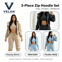 Ensemble de vêtements de détente pour femmes VELAN tendance printemps-été, à capuche zippée, côtelé, longueur intégrale, taille haute, uni, épaissi, avec cordon de serrage, 3 pièces