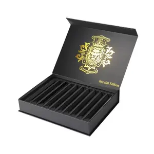 Custom Hot Stamping Gouden Folie Luxe Magnetische Flip Cover Stijve Kartonnen Papieren Verpakking Zwarte Humidor Sigaar Geschenkdozen