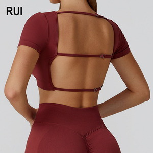 RUIQUWIN Top de Yoga con espalda descubierta y logotipo personalizado para mujer, transpirable, de secado rápido, ropa deportiva de manga corta para exteriores - Product Image 1