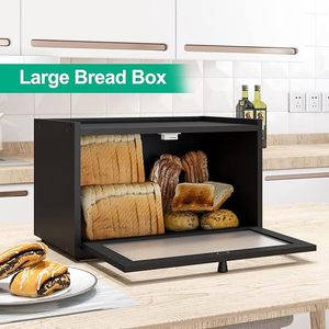 Caja de pan grande, rectangular, negra, para almacenamiento en la cocina, con puerta de vidrio y tapa de bambú. - Product Image 1