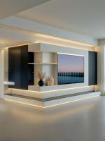 Console multimédia haut de gamme à lignes courbes, unité TV ronde sur mesure pour villa, fabricant de solutions d'armoires courbes pour toute la maison