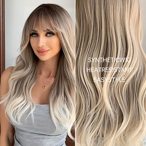 Pelucas Sintéticas Largas y Onduladas con Flequillo, Color Rubio Degradado a Marrón, Precio de Fábrica al por Mayor para Mujeres, Cabello Postizo Natural Resistente al Calor - Product Image 6