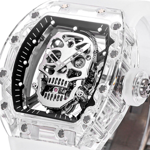 Men's Skull Skeleton Automatic Mechanical <b>Watch</b>, Transparent Crystal Tonneau Shaped <b>Watch</b> - Product Image 4