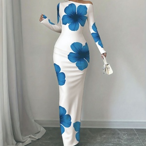 Robes ajustées à manches longues et épaules dénudées à imprimé floral pour femmes, mode - Product Image 2