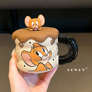 Taza de cerámica Oowov Tom y Jerry con tapa, diseño de dibujos animados, taza individual para café, té, regalo - Product Image 5