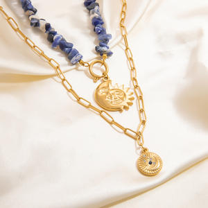 Collar de Aleación de Zinc Estilo Europeo Americano con Piedra Natural, Dije de Sol y Luna Dorado, Cadena de Clavícula en Capas, Moda Otoño Invierno - Product Image 3