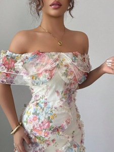 Women's Elegant <b>Romantic</b> Ruffled Off-Shoulder Fitted Mesh Floral <b>Dresses</b> Fashion - Product Image 5