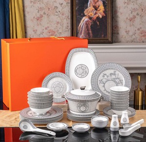 Luxury Grey Mosaic Pattern European Style Bone China Dinnerware <b>Set</b> Hot-selling 58-piece Reusable Dishwasher <b>Microwave</b> Safe >10 - Product Image 1