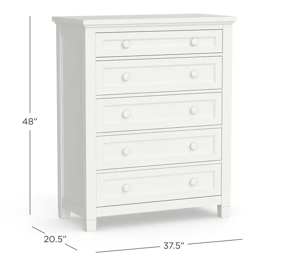 Solid Wood Frame painted Chest of Drawers Bead board 5-Drawer Chest of Drawers Classic Solid Wood Storage Chest 5 White