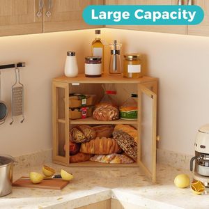 Boîte de rangement pour pain en bambou, double couche, armoire d'angle, porte transparente, organisateur de comptoir de cuisine, couleur naturelle - Product Image 3