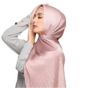 The Best Selling High Quality Fashion Muslim Silk Hijab Scarf Pleated Satin Silk Malaysian Satin Crepe Hijab