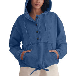 Sudadera con Capucha de Mezclilla para Mujer, Estilo Urbano Holgado, Sudadera con Capucha de Punto para Invierno, Logotipo Frontal ODM, Impermeable - Product Image 3