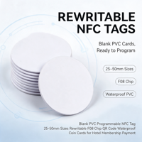 Étiquette NFC programmable vierge en PVC, tailles 25-50 mm, réinscriptible, puce F08, code QR, étanche, pour carte de visite, carte de membre d'hôtel, paiement