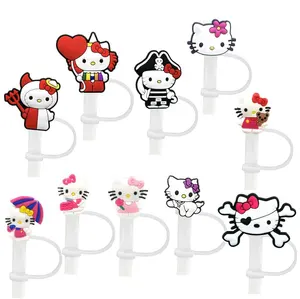 Cute Cartoon Kids Themed Straw Tips Covers Food Grade Reusable Silicone Funny Cap Plugs Hello Anti-dust Soft Kitty Straw Toppers