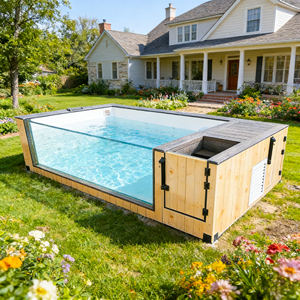 Piscine de nage à contre-courant familiale compacte personnalisée en fibre de verre, résistante aux UV et à la corrosion, avec fenêtre, pour extérieur, hors sol - Product Image 1