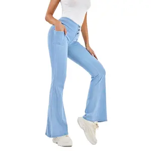 Pantalon évasé en denim tricoté ultra extensible taille haute pour femmes Pantalon de sport décontracté pour le yoga