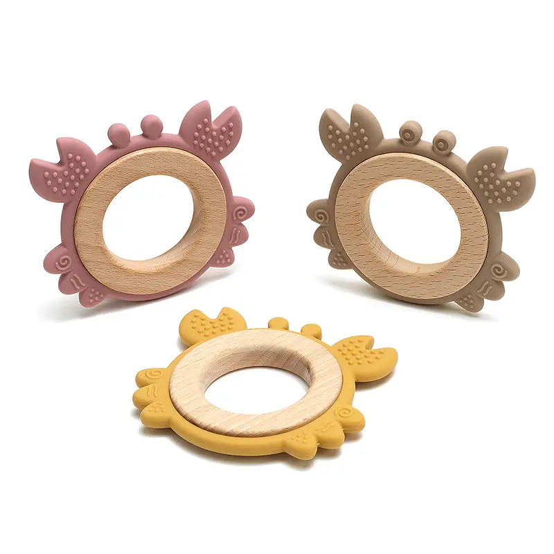 Baby Health Nursing Teether Toys Silicone Beech Wooden Ring Teething Wood Crab Shape Fidget Toys Newborn Teether Toy