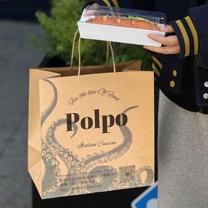 Sacs shopping en papier kraft personnalisés avec logo pour restaurants, vente en gros, poignées imprimées acceptées pour l'emballage alimentaire et la promotion - Product Image 6