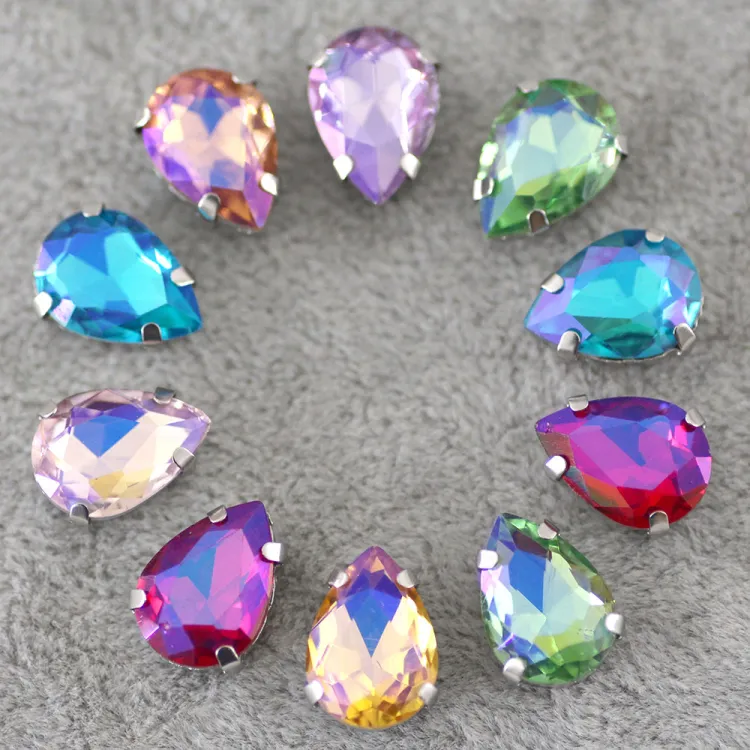 Diamantes de imitación con forma de gota para decoración de boda, piedra de cristal para coser en forma de lágrima, con hebilla Base