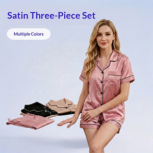 Pyjama d'été pour femme en satin de polyester couleur unie, col rabattu, manches courtes, short taille haute - Product Image 6