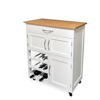 Îlot de cuisine et chariot de service modernes en MDF, écologiques et mobiles, avec armoire de rangement, casier à vin, tiroir et roulettes