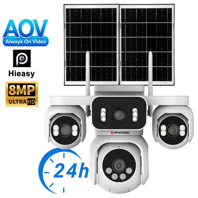 8MP 4 Lens Solar 4G PTZ Camera 4 Screens View AOV Full Color Night Vision Hieasy App Two-Way Audio Outdoor Surveillance Camera