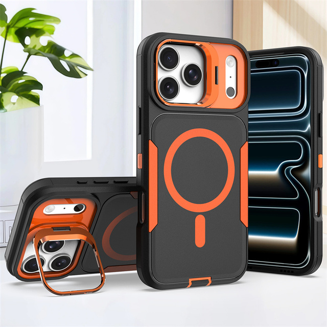 2 in 1 Rugged Case for iPhone 17 Pro Max Anti-Drop Magnetic TPU+PC Phone Case with Camera Kickstand for Samsung S26 Ultra A57