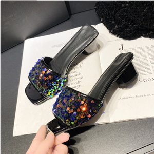 Nouvelles sandales de plage à talons épais à paillettes, style décontracté et polyvalent, bout carré, talons hauts pour femmes 8899 - Product Image 4