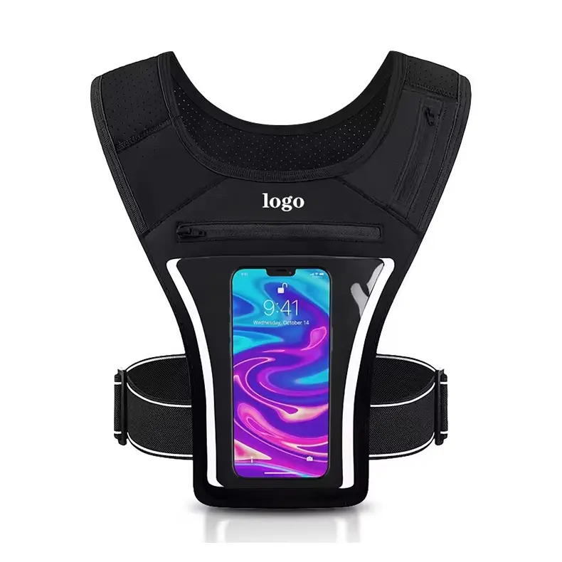 Factory Custom New Arrival Breathable Reflective Chest Running Vest Phone Holder With Clear Touch Screen Window