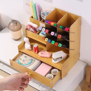 Organisateur de papeterie de bureau en bois avec tiroir, porte-stylos multifonctionnel, support de rangement pour le bureau et l'école - Product Image 1