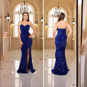 Vestido de noche de sirena sin tirantes con lentejuelas, falda larga con abertura, hecho a mano, formal - Product Image 4