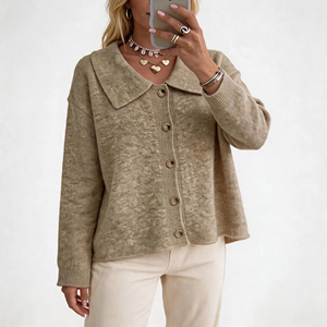 Cardigan en maille texturée pour femme, col à revers, couleur kaki uni, boutonnage frontal, poignets et ourlet côtelés, coupe ample, style décontracté - Product Image 1