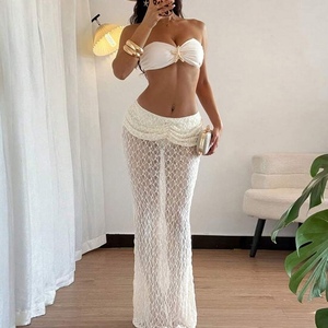 New Women's Solid Color <b>Sexy</b> Tie Breasted Top Lace Long Skirt 2 Piece <b>Set</b> Fashion - Product Image 1