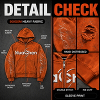 Boxy Fit Übergroßer Zip-Hoodie für Herren Distressed Applikation Rohe Kanten 500gsm Schwergewicht Streetwear Individuell Bestickt mit Strass