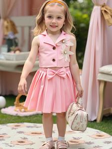 幼児女児服セット ノースリーブ3Dフラワーベストスーツコート+プリーツスカート2点セット - Product Image 6
