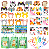 Bracelets à claquer, pailles, bandeaux gonflables, masques, sacs cadeaux, autocollants, accessoires et décorations de fête sur le thème des animaux de la jungle et de safari