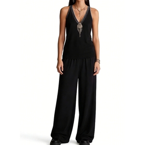 ชุดลำลองแขนกุดคอวีสำหรับผู้หญิง - ชุดลำลอง 2 ชิ้นแบบลำลองแต่งขอบตัดกันแฟชั่น - Product Image 2