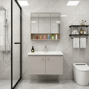 Meuble-lavabo mural minimaliste kaki, mobilier de salle de bain en acier inoxydable avec miroir semi-ouvert et lavabo en céramique sans joint - Product Image 1