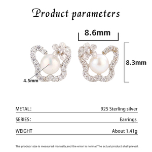 Élégantes boucles d'oreilles clous en argent S925 avec feuille et perle d'eau douce, zircon, bijoux délicats pour femme, cadeau de mariage ou de mariée - Product Image 6