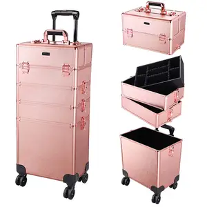 Rose Gold Rolling Makeup Case 4in1 Cosmetic Lockable Trolley Freelance Makeup Artist Travel Train Case Ajustable Handle Nail Org