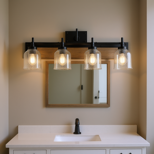 Modern <b>Industrial</b> 4-Light Vanity Light Fixture 32 In Black Iron Wall Mounted Bathroom Lighting Clear Seeded Glass <b>Shades</b> - Product Image 2