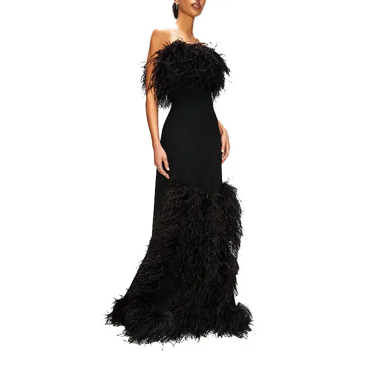 2022 Hot Sale Fashion Party Evening Gown Ladies Black Satin Silk Sleeveless Elegant Sexy Ostrich Feather Tassel Dress for Women