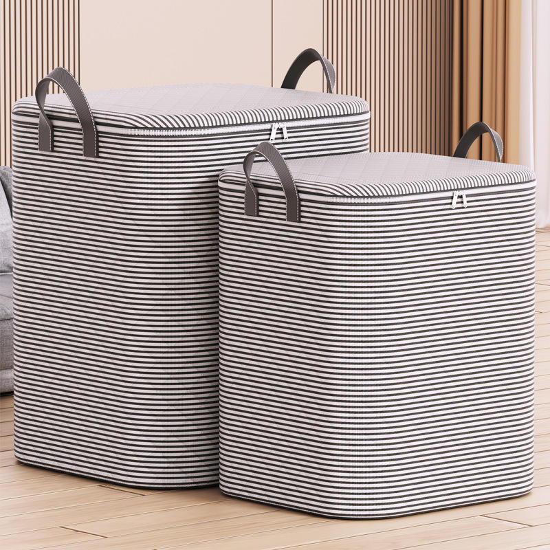 Sac de rangement pour couette en coton rayé épais [Gris]
