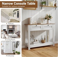 Table console d'entrée de style rustique blanc de luxe en bois avec 2 tiroirs, étagère ouverte, anti-bascule