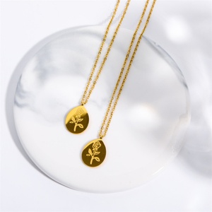 Retro Gold Plated Flower Charm Stainless Steel Waterdrop Pendant <b>Necklace</b> - Product Image 1