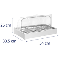 Vitrine de buffet avec couvercle transparent à roulettes, présentoir alimentaire de comptoir à trois compartiments pour la restauration hôtelière