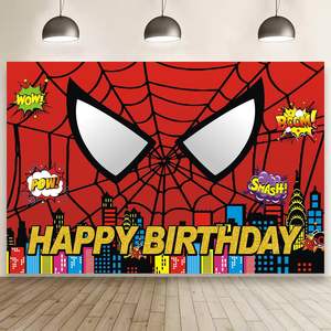 Toile de fond Joyeux Anniversaire Motif Toile d'araignée, Fond de photographie Thème Ville de <span class=keywords><strong>Comics</strong></span>, Décorations de fête sur le thème des super-héros pour garçons, Bannière personnalisable - Product Image 4