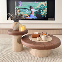 Juego de Mesa de Centro Redonda Rústica con Tapa de Madera Enchapada en Nogal y Pedestal de Madera para Sala de Estar, Decoración Acogedora