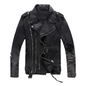 Dropship Phong Cách Mới Casaco Homem Đau Khổ Đen Zip Tắt Tay Áo Denim Men Jacket - Product Image 1