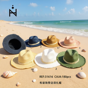 Cappello di paglia con bordo in tessuto e nastro per donna, ideale per l'estate e la spiaggia 31616 - Product Image 3